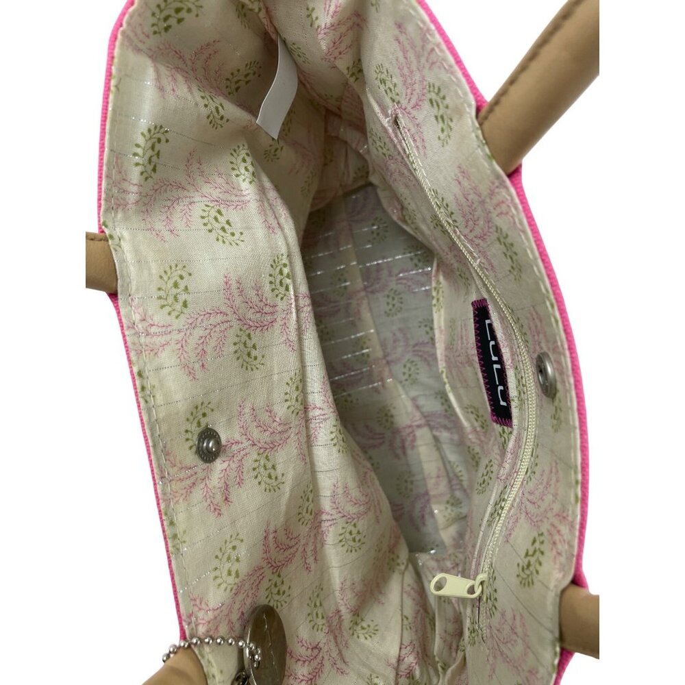 LuLu Pink Canvas & Faux Leather Tote Bag With Beige Handles - Picture 6 of 11